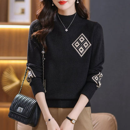 Winter Mock Neck Sweater Women's Western Style Top Plaid Colorblock Knitted