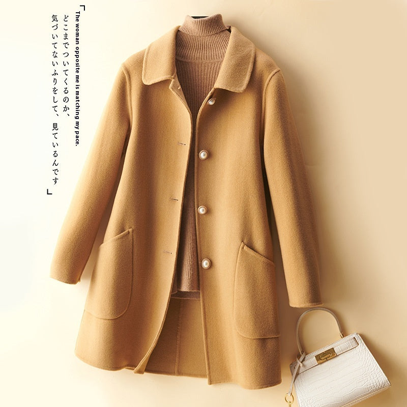 Wool Pearl Buckle Double-faced Woolen Goods Women's Doll Collar Mid-length Coat