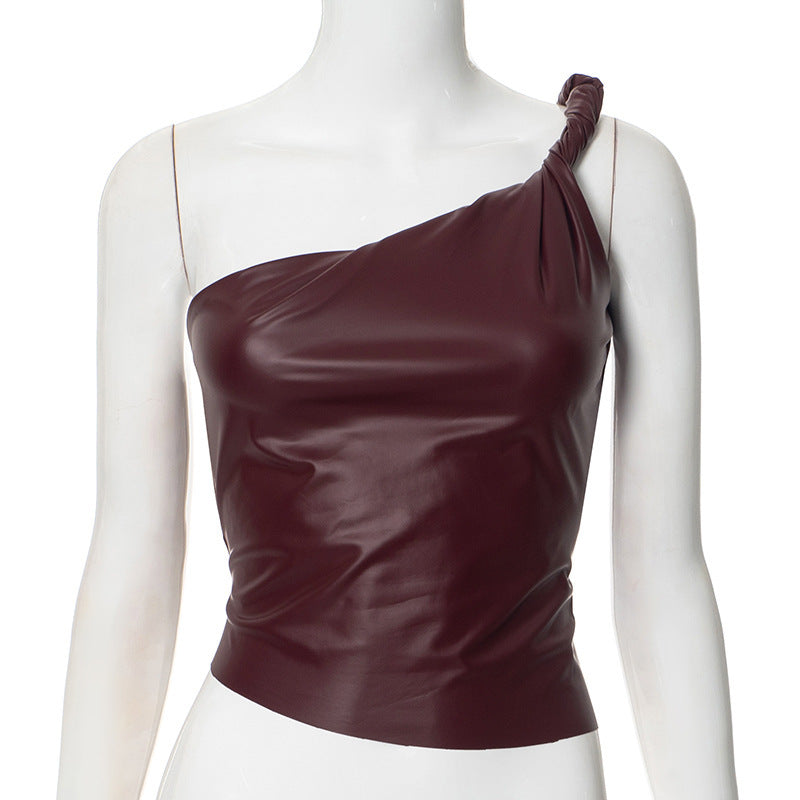 Leather One-shoulder Waist Slant Sleeveless Top