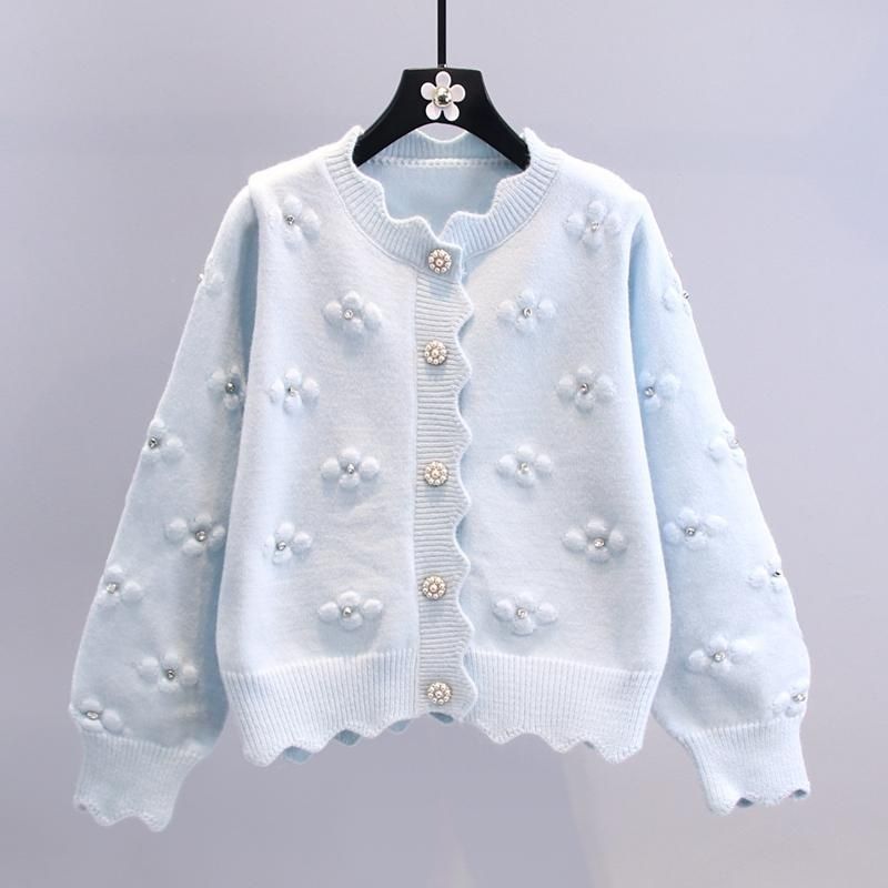 Pull-over à petites fleurs perlées en trois dimensions, cardigan tricoté de style universitaire japonais de style occidental d'apparence jeune