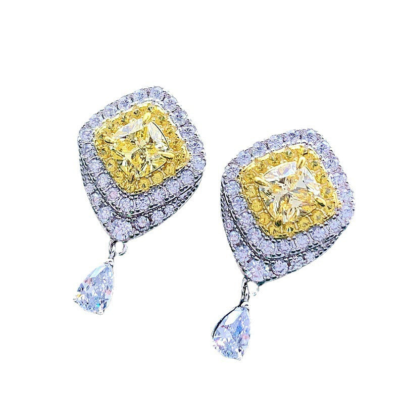 High Carbon Diamond Yellow Diamond Stud Earrings Female Light Luxury S925 Silver Ear Jewelry