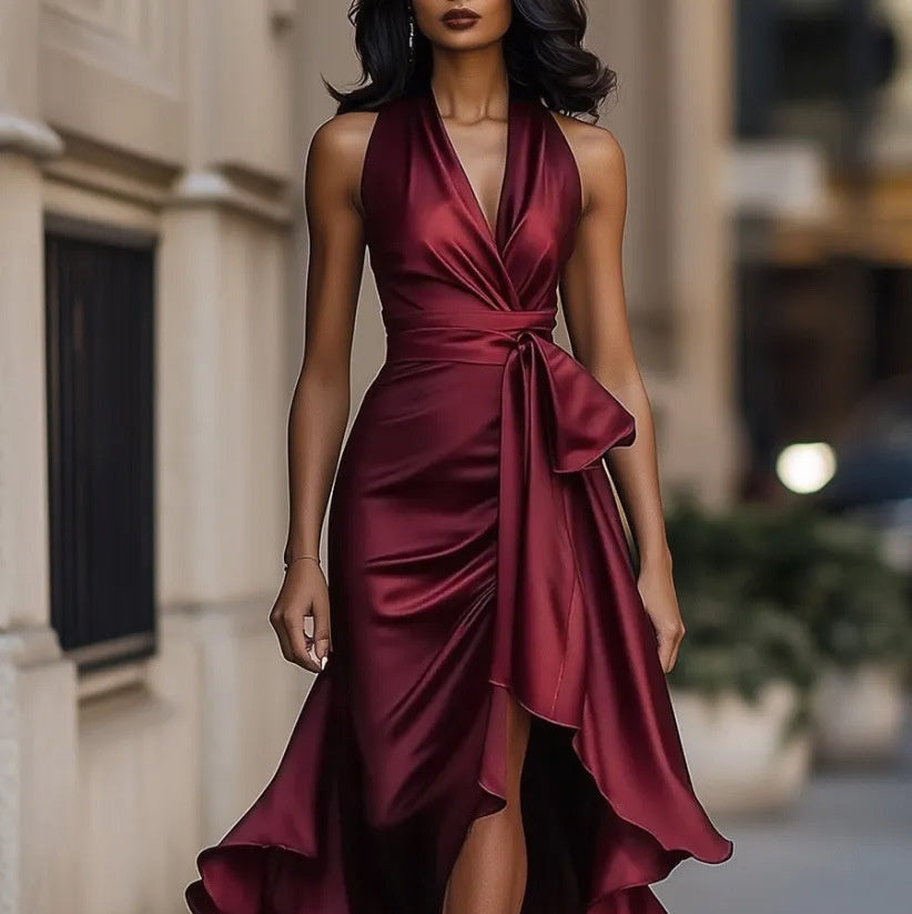 Elegant V-neck Irregular Women's Ruffled Dress