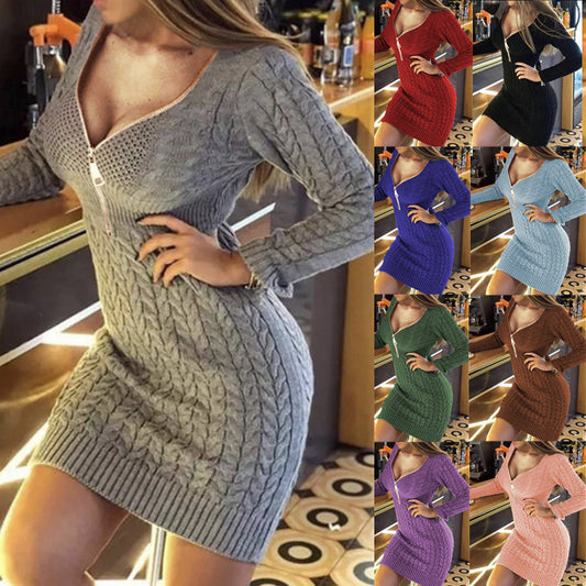 Mid-length Half Zipper V-neck Slimming Dress Sweater