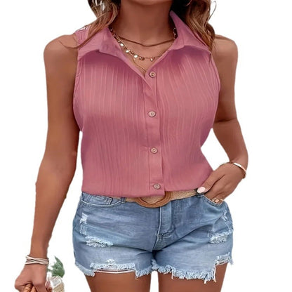 Summer Solid Color Sleeveless Button Shirt