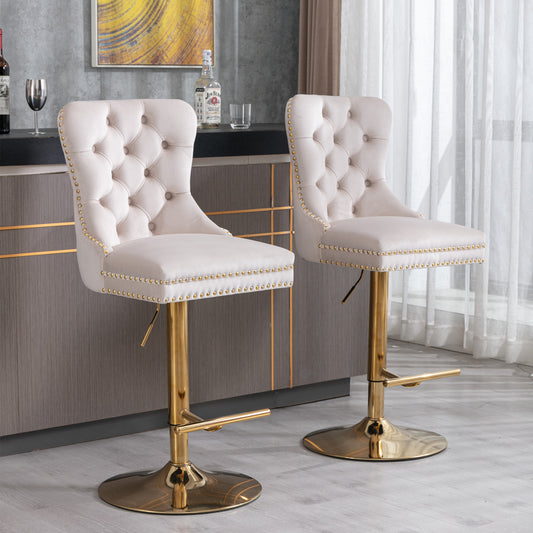 AA Furniture,Thick Golden Swivel Velvet Barstools Adjusatble Seat Height From 27-35 Inch, Modern Upholstered Bar Stools With Backs Comfortable Tufted For Home Pub And Kitchen Island Beige,Set Of 2