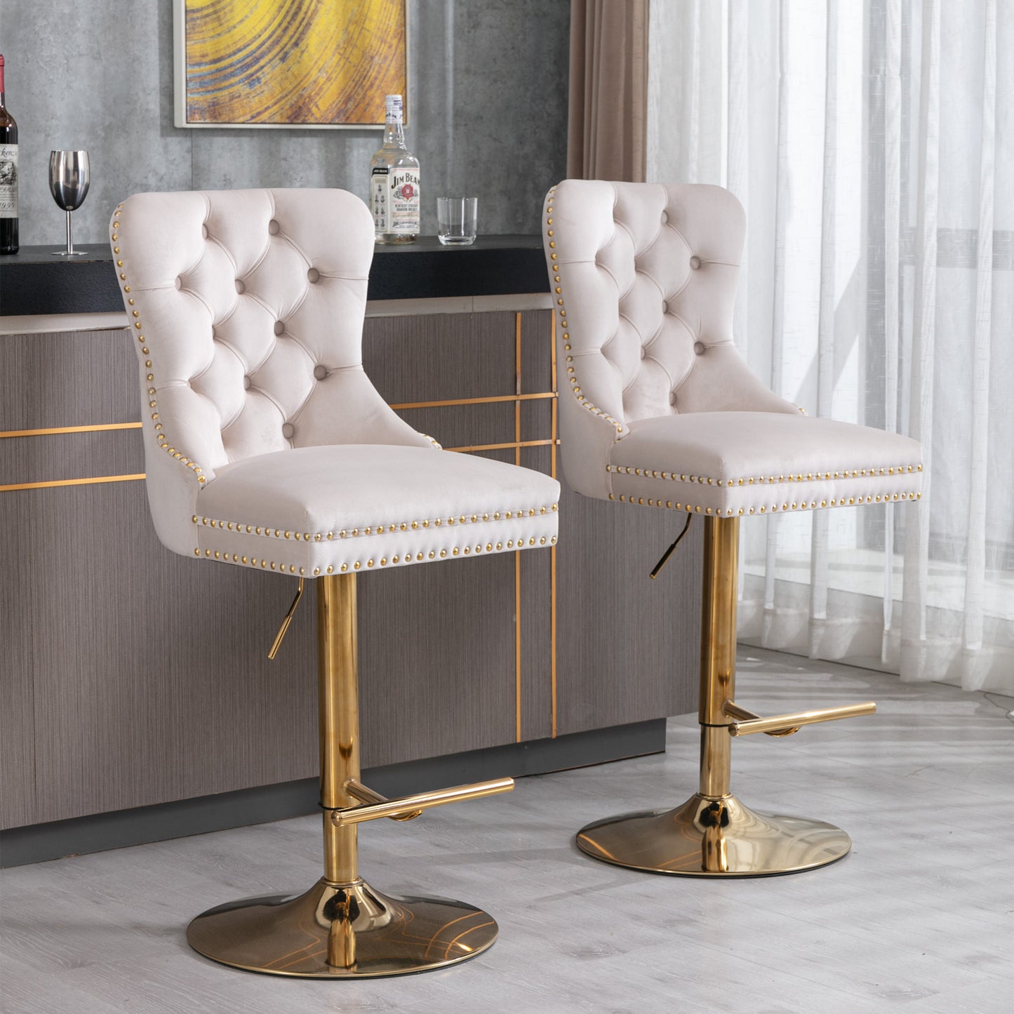 AA Furniture,Thick Golden Swivel Velvet Barstools Adjusatble Seat Height From 27-35 Inch, Modern Upholstered Bar Stools With Backs Comfortable Tufted For Home Pub And Kitchen Island Beige,Set Of 2