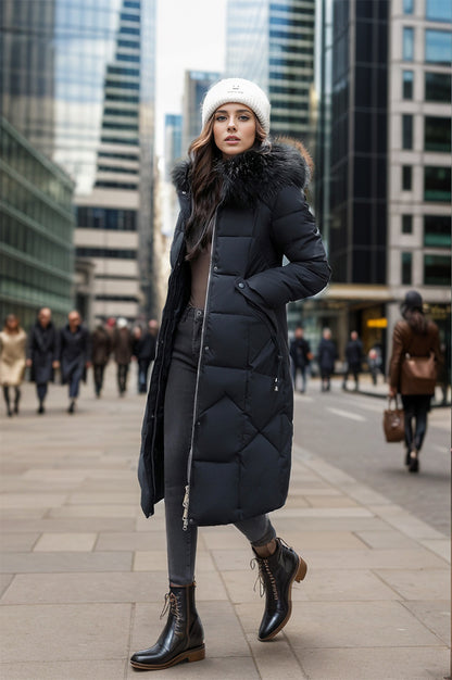 Slim Fit Below The Knee Cotton Coat Big Fur Collar Thickened Padded Jacket