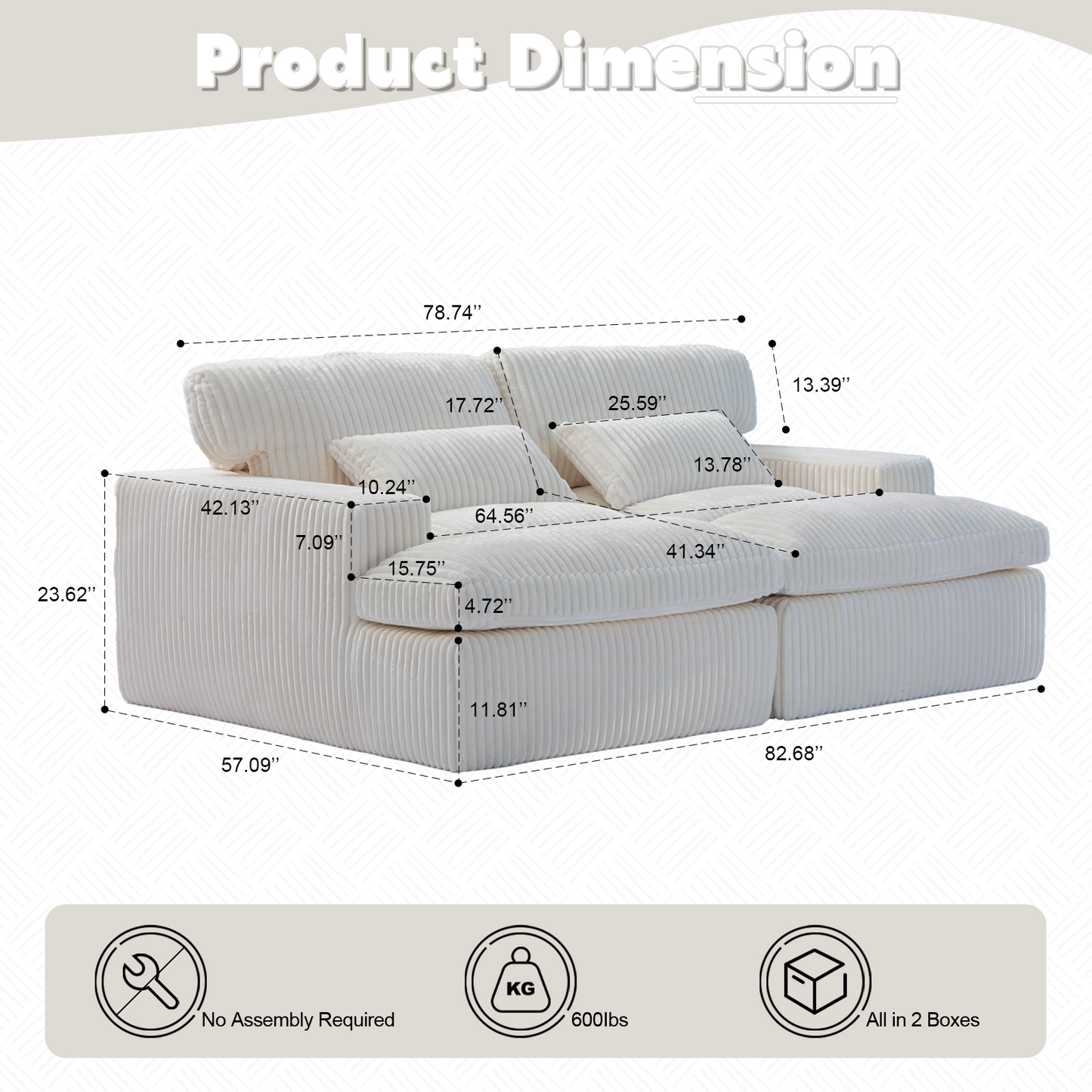 Double Chaise Lounge Chair Indoor,Oversized Upholstered Sleeper Cloud Couch,Deep Seat Luxury Sofa Bed,Sectional Sofa Chaise Love-seat,Corduroy Reading Chair For Living Room,No Assembly Required,White