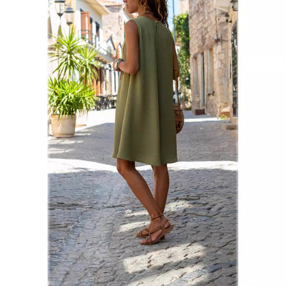 Women's Clothing Solid Color Round Neck Sleeveless A Swing Loose Pockets Dress