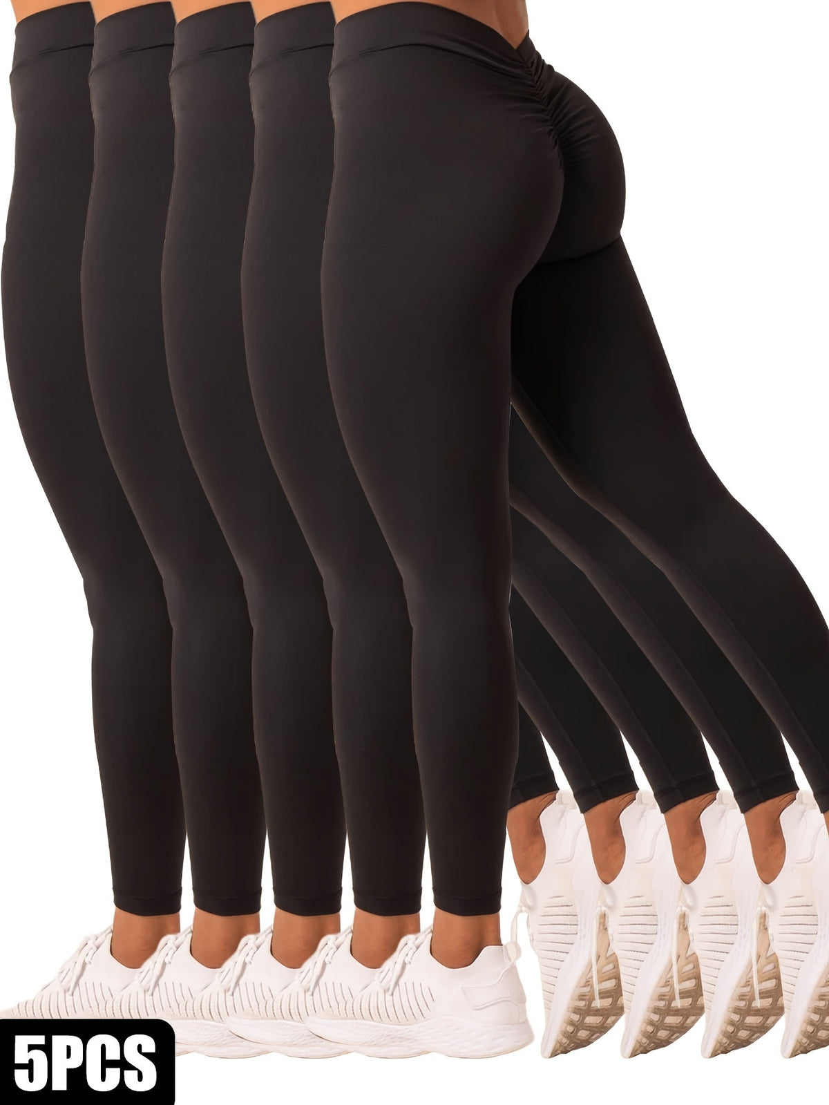 5 Pack Women's Solid Color Hip-raising High-waisted V-back Waist Seamed Yoga Fitness Tights, Women-Butt Lift High Waisted Tummy Control Yoga Pants-Workout Running Leggings