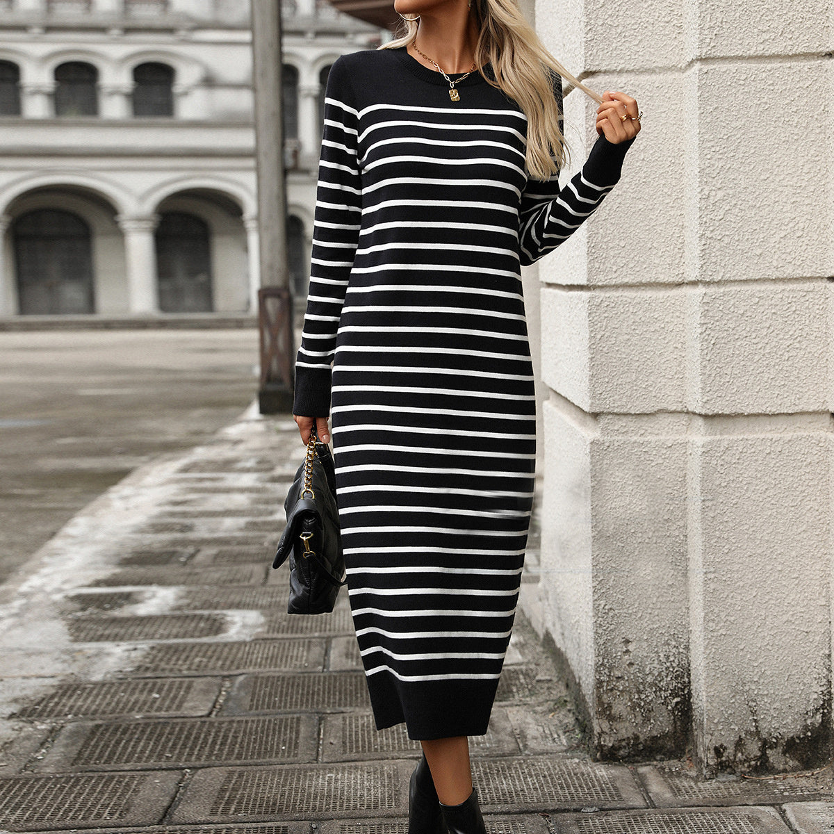 Slim Striped Printed Long Dress Fashion Autumn And Winter Long Sleeve Dresses For Womens Clothing