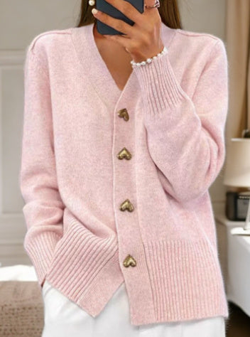 V-neck Knitted Sweater With Love Button Fashion Solid Long-sleeved Cardigan Spring And Autumn Women's Clothing