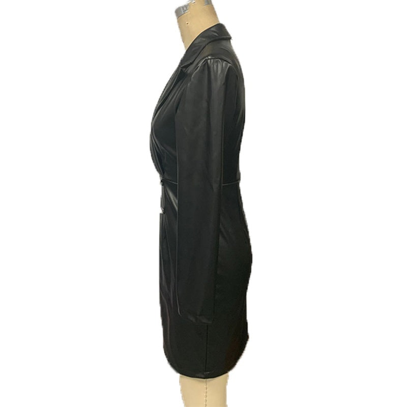 Women's Faux Leather Blazer Dress, Double-Breasted Long Sleeve Midi Dress, Slim Fit Office Bodycon Dress