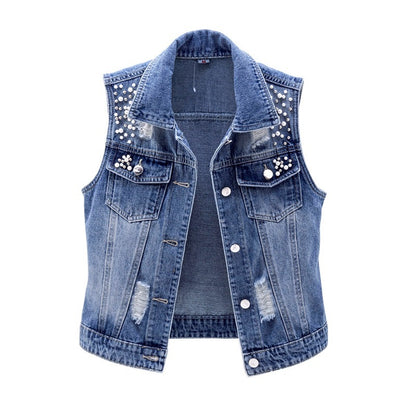 Gilet en jean pour femme, trou court, perles, sans manches