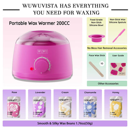 Waxing Kit WUWUVISTA Hair Removal Wax Kit Wax Melt Warmer Waxing Beads For Face, Brazilian, Full Body, Bikini 19 Items