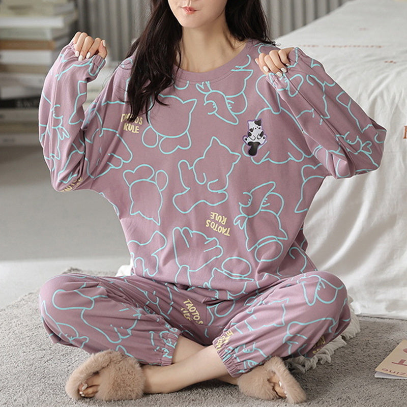 Loose Print Pajamas Women Autumn Winter Pyjama Set Long Sleeves And Trousers Elegant Sleepwear Girl Loungewear Home Clothes