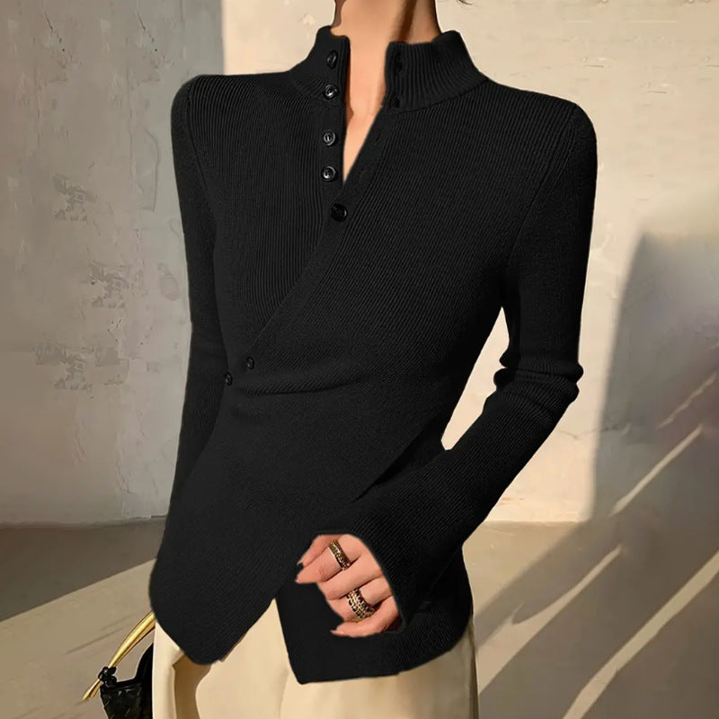 Sweet And Spicy Sweater Stand Collar Cross Button Top