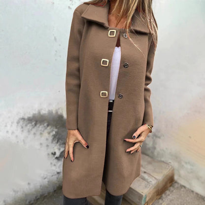 Women's Solid-color Mid-length Wool Coat With A Single-breasted Design