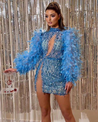Hollow Gorgeous Feather Sleeve Blue Sequins Dress Light Luxury