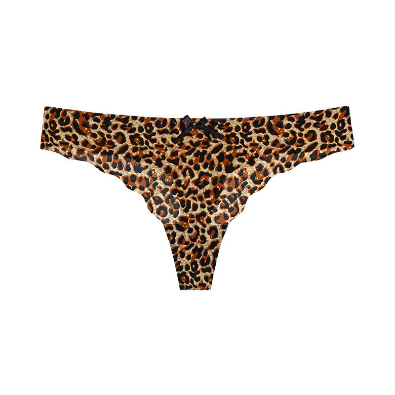 Ice Silk Seamless Low Waist T-shaped Panties Leopard Print Wave Edge Underwear