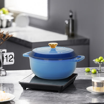 Cast Iron 6QT Cooking Pot - Gradient Blue - Includes Two Silicone Gloves - Enamel Pot