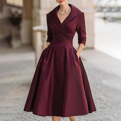 Women's Elegant Solid Cross V-Neck Midi Dress With Flared Skirt And Pockets Spring Summer Formal Dress
