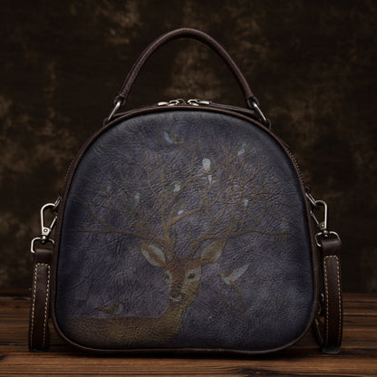 Retro Deer And Bird Hand-painted Leather Shoulder Bag