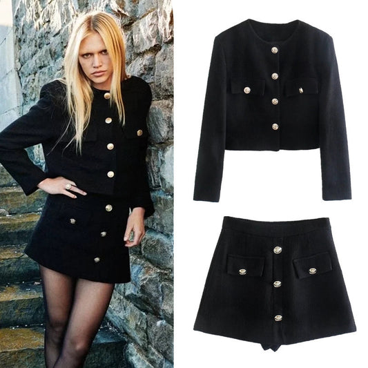 Textured Small Suit Jacket High-waisted Skirt Blouse And Pants Women