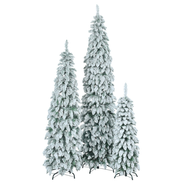 8FT, 6FT, 4FT Pre-Lit Pencil Christmas Trees, 3-set Slim Artificial Christmas Tree With Snow Flocking, Xmas Holiday Decoration Tree, 520 LED Lights