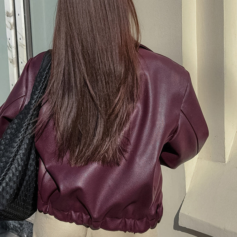 Vintage Style Women's Solid Color Faux Leather Jacket, Zip-Up Biker Jacket With Lapel Collar Casual Coat