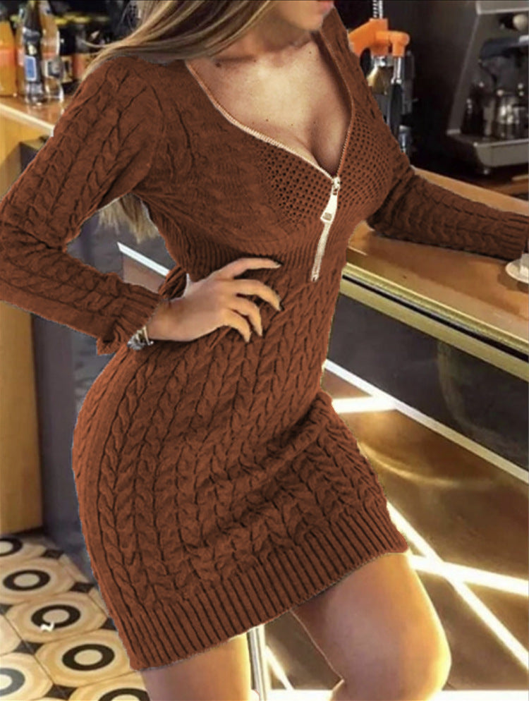 Mid-length Half Zipper V-neck Slimming Dress Sweater