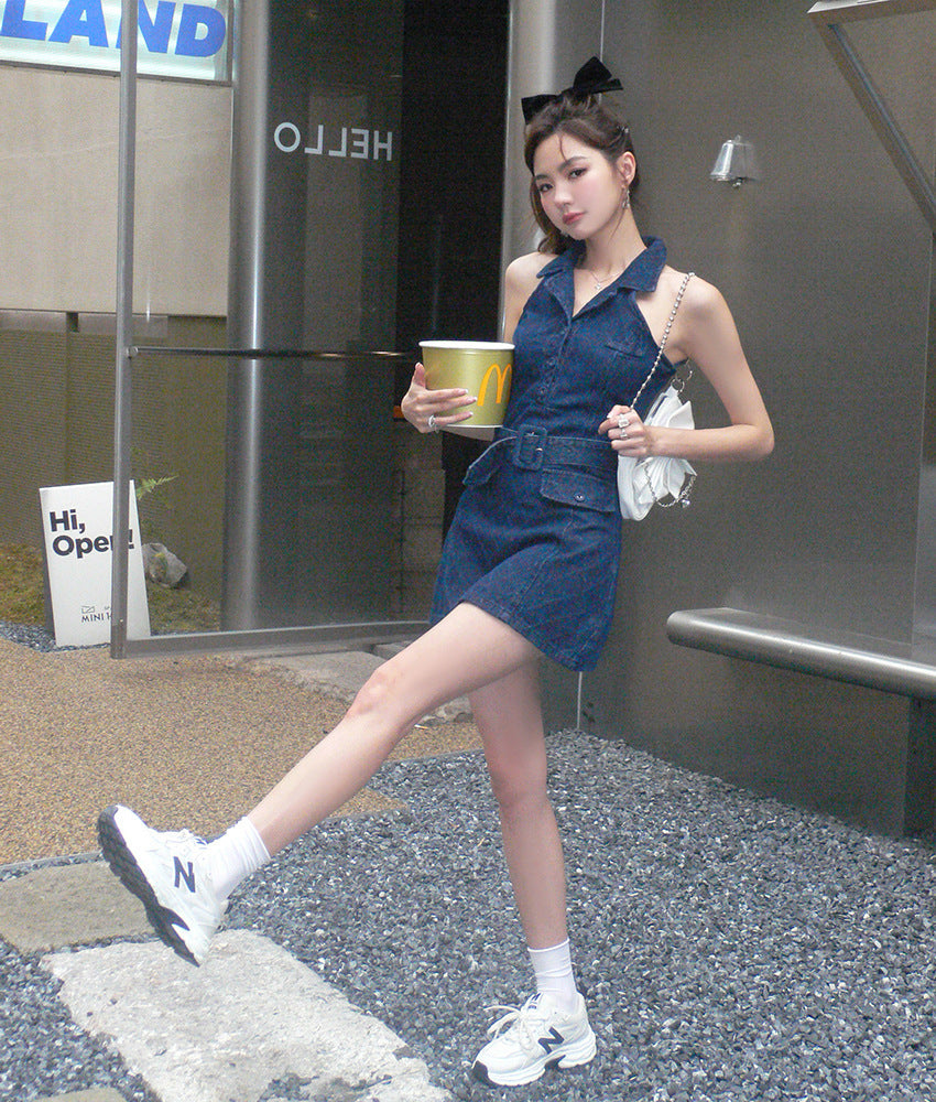 Sexy Cold-shoulder Sleeveless Sheath Denim Dress