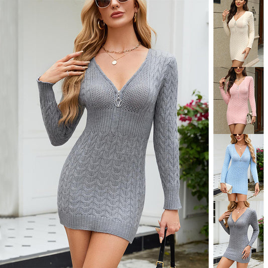 Robe en tricot à manches longues et col en V avec fermeture éclair slim pour femme, couleur unie, tendance