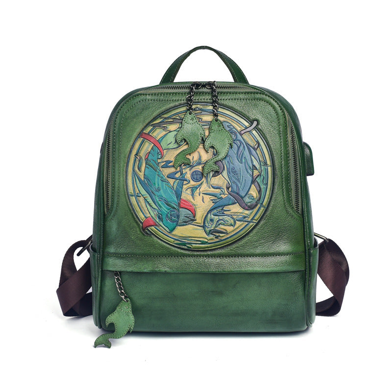 Leather Double Shoulder Vintage Hand Engraved Backpack