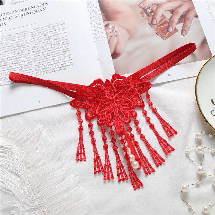 Women's Tassel Pearl Open-end Embroidered Underwear