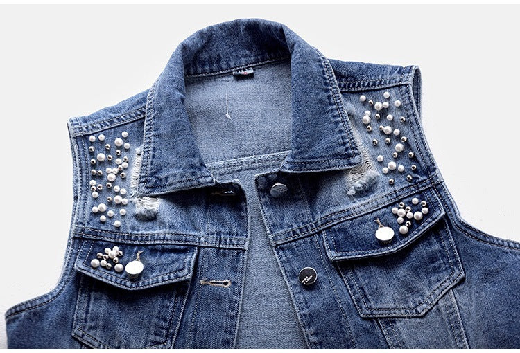 Denim Vest Women's Short Hole Beaded Sleeveless
