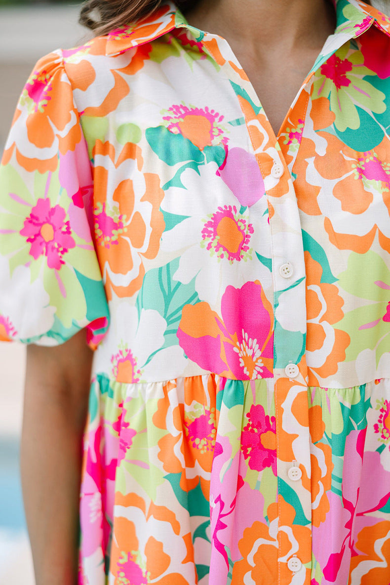Summer Floral Print Puff Sleeve Dress