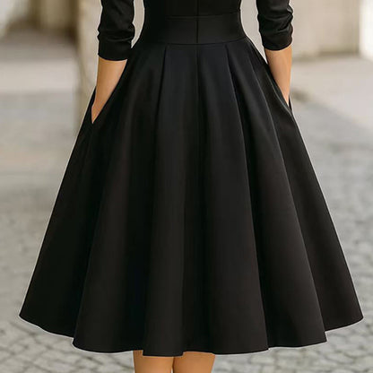 Women's Elegant Solid Cross V-Neck Midi Dress With Flared Skirt And Pockets Spring Summer Formal Dress