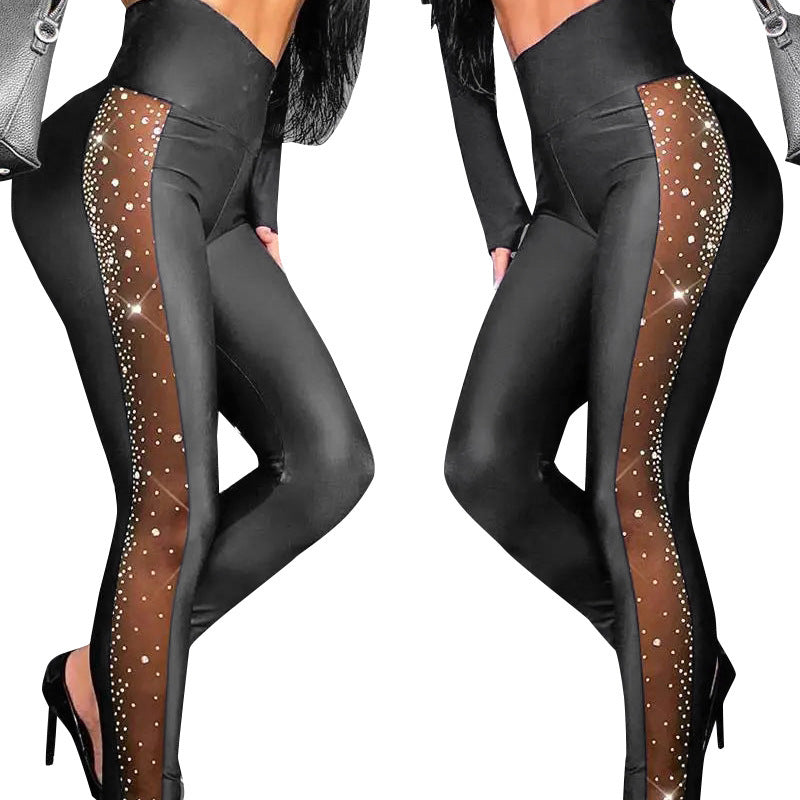 Rhinestone Mesh Stitching Tight Casual Trousers