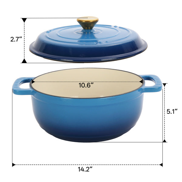 Cast Iron 6QT Cooking Pot - Gradient Blue - Includes Two Silicone Gloves - Enamel Pot