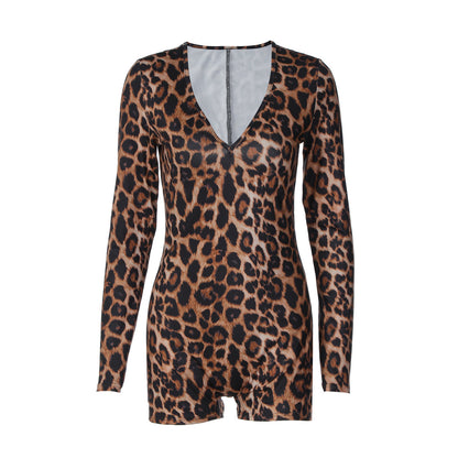 New Leopard Print V-neck Long Sleeve Sexy Tight Jumpsuit