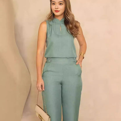 Sleeveless Top Tight Waist Straight Wide Leg Pants Suit