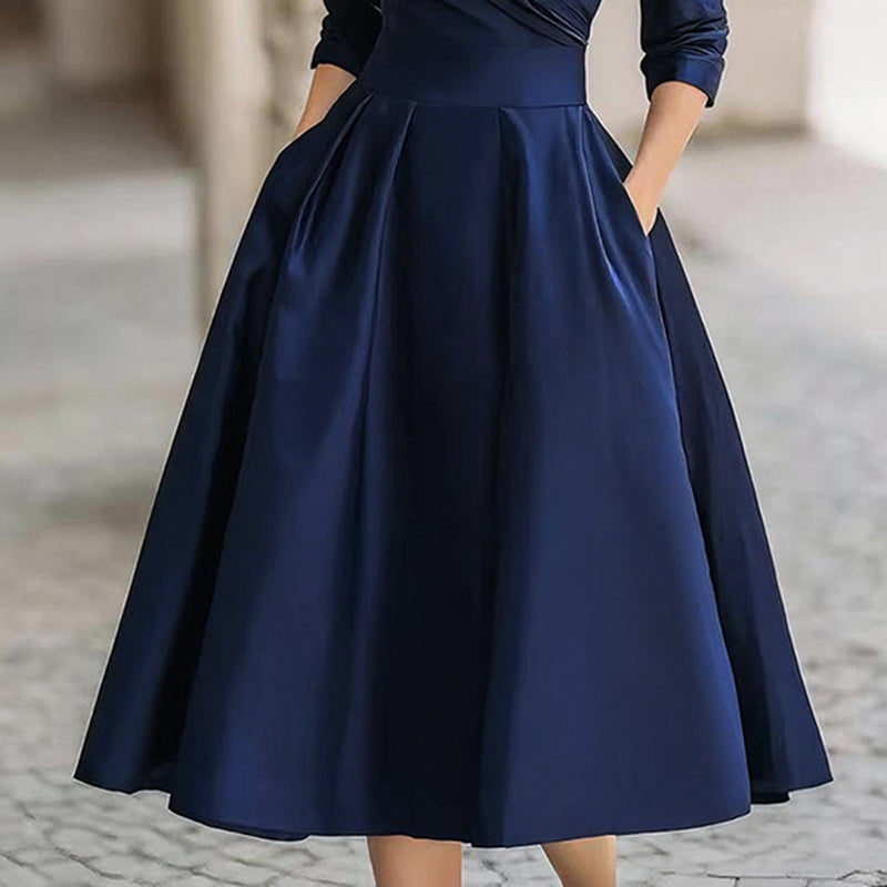 Women's Elegant Solid Cross V-Neck Midi Dress With Flared Skirt And Pockets Spring Summer Formal Dress