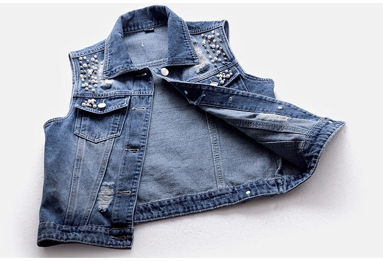 Denim Vest Women's Short Hole Beaded Sleeveless