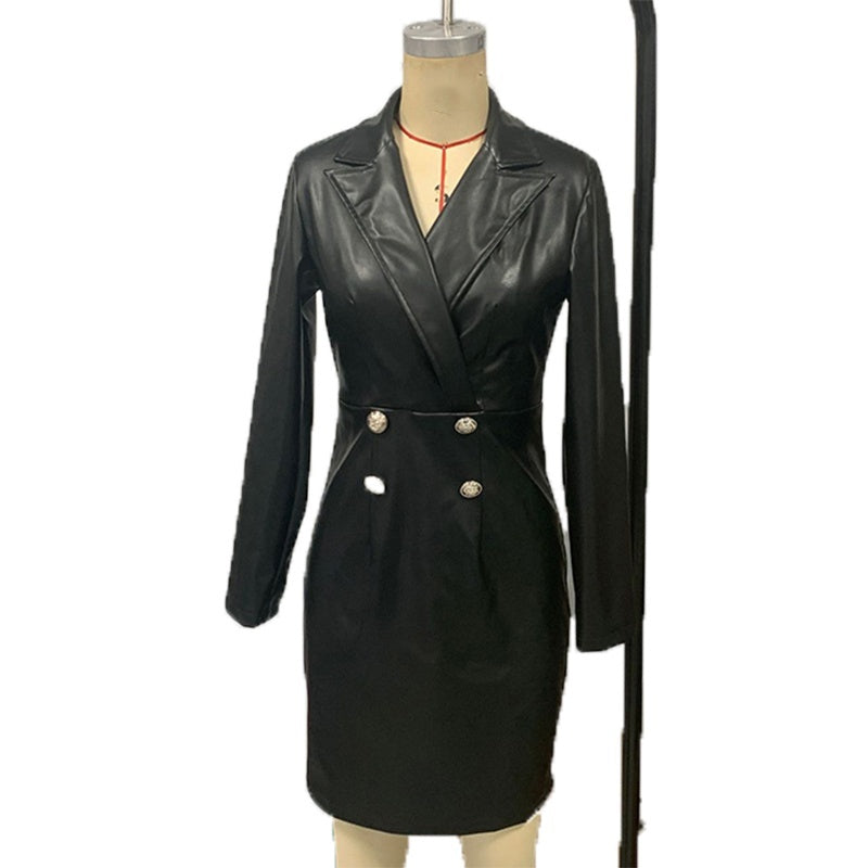 Women's Faux Leather Blazer Dress, Double-Breasted Long Sleeve Midi Dress, Slim Fit Office Bodycon Dress