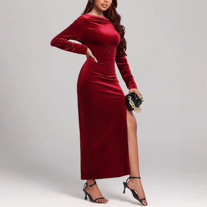 Women's Clothing Slit Formal Dress Pleuche Dress