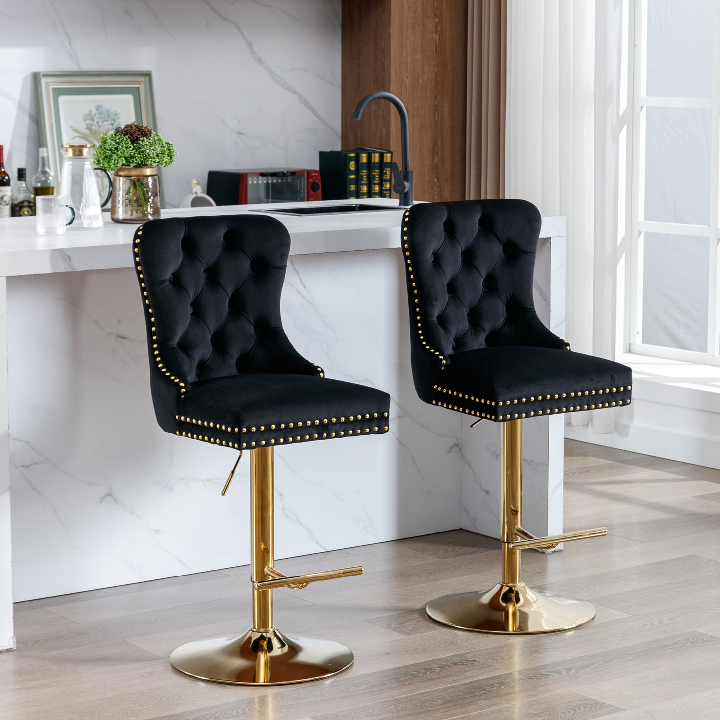 A&A Furniture,Thick Golden Swivel Velvet Barstools Adjusatble Seat Height From 27-35 Inch, Modern Upholstered Bar Stools With Backs Comfortable Tufted For Home Pub And Kitchen Island  Black,Set Of 2