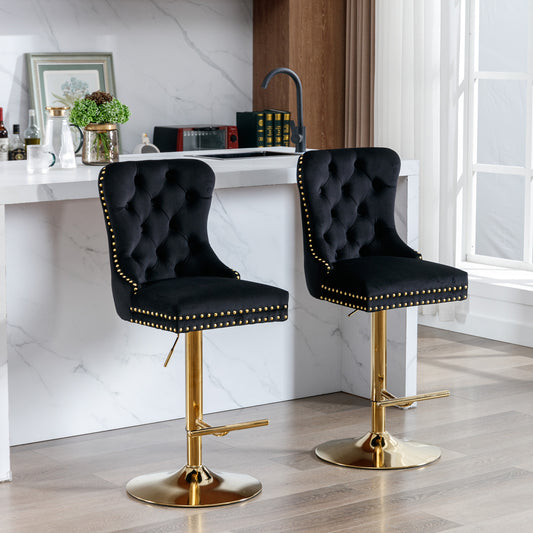 A&A Furniture,Thick Golden Swivel Velvet Barstools Adjusatble Seat Height From 27-35 Inch, Modern Upholstered Bar Stools With Backs Comfortable Tufted For Home Pub And Kitchen Island  Black,Set Of 2