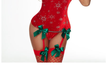 Polyester Red Christmas One-piece Lingerie Uniform Temptation Elk Headdress Jumpsuit