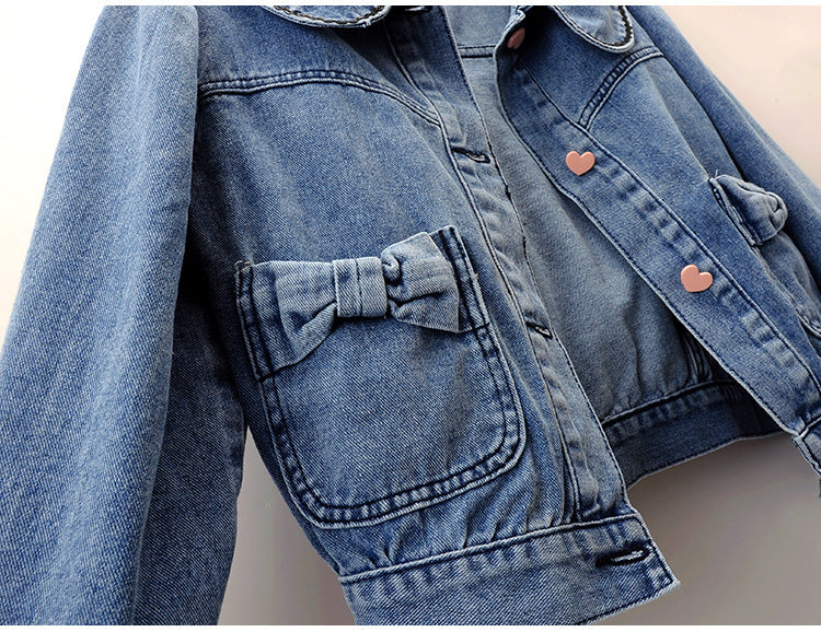 Doll Collar Bow Long Sleeve Denim Coat